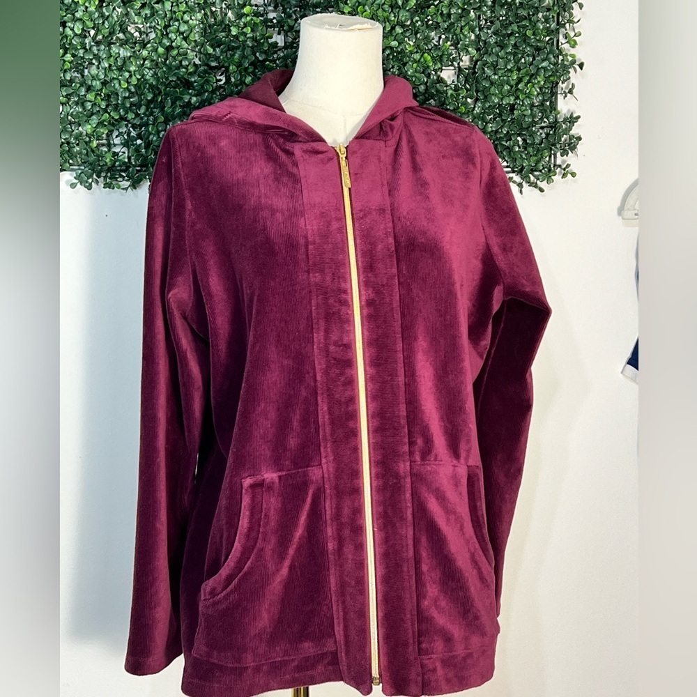 Susan Graver Velvet Burgundy Zip Up Hooded Sweater Jacket Cotton Size Large